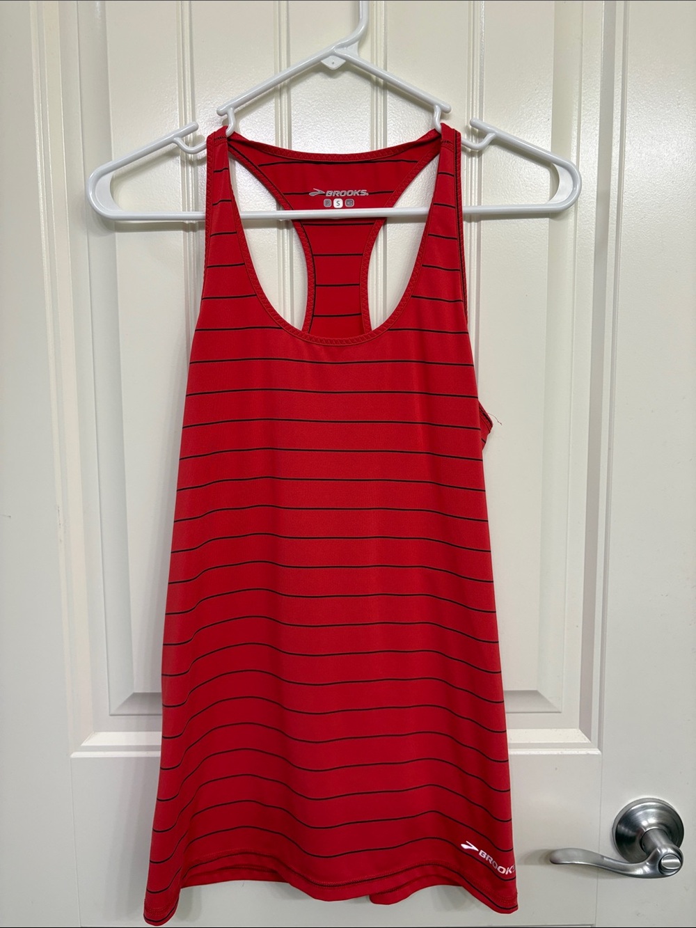 Brooks Red Tank‎ with Thin Black Stripes, Racerback